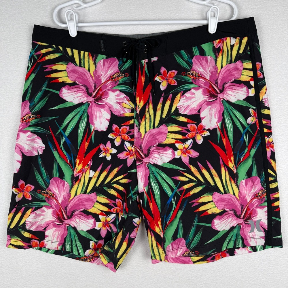 Hurley Phantom Board Shorts Mens 38 Tropical Floral Hibiscus Swim Trunks Black